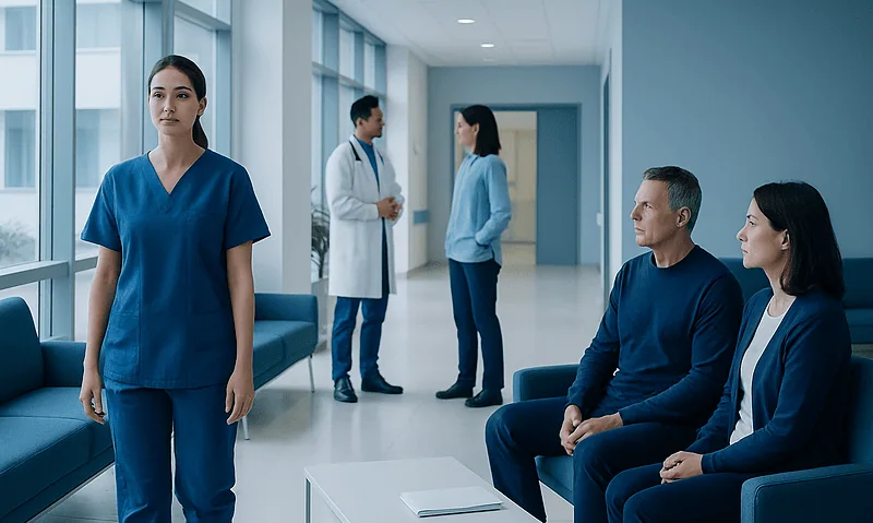 Healthcare professionals and patients in a hospital corridor at Acibadem Hospitals Group.