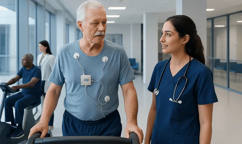 Senior man with heart monitor walking with nurse in hospital corridor.