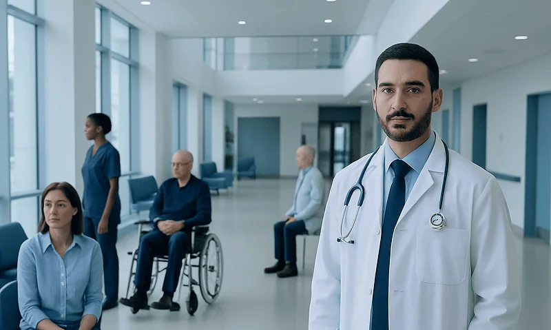Medical team with patients in hospital corridor at Acibadem Hospitals Group.