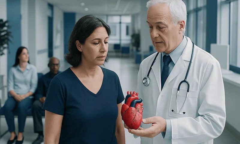 Doctor explaining heart model to patient in hospital corridor.