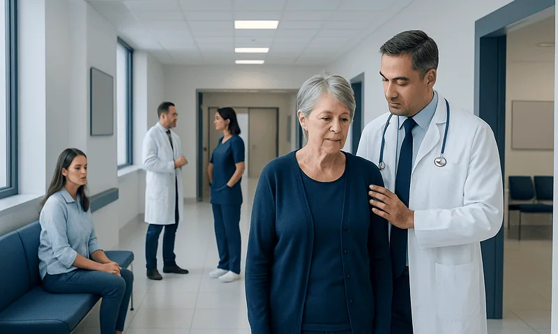 Doctor examining an elderly woman in a hospital corridor.