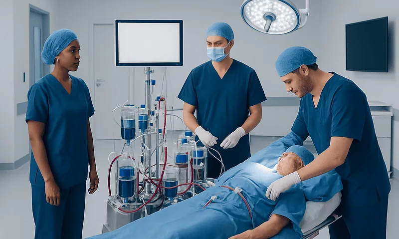 Medical team performing surgery in a modern hospital operating room.