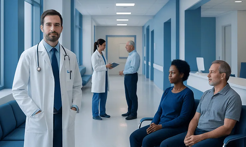Medical team consulting with patients in a hospital corridor.