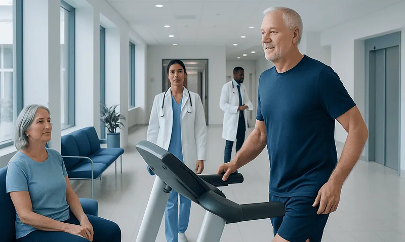 Senior man exercising on treadmill at hospital with medical staff nearby.