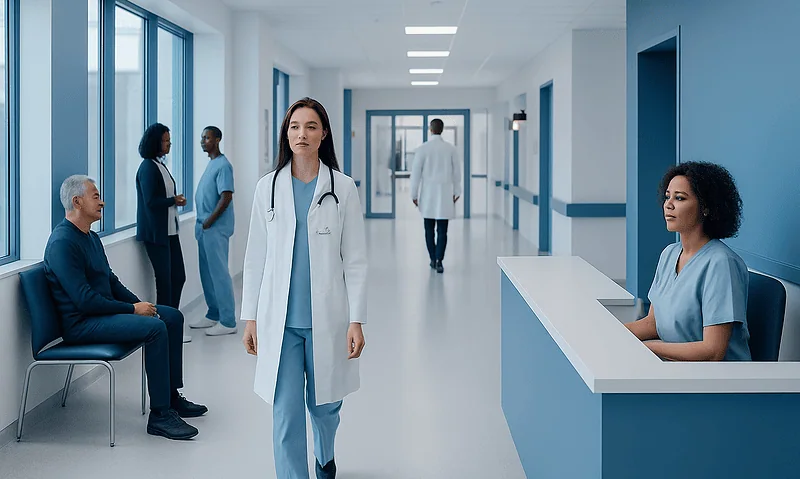 Medical professionals and patients in a modern hospital corridor.