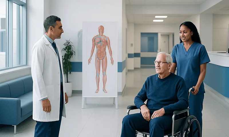 Doctor and nurse consulting with elderly patient in hospital corridor.