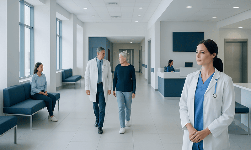 Modern hospital corridor with doctors and patients in a healthcare facility.