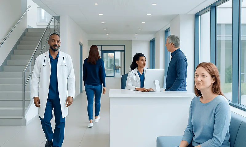 Healthcare professionals and patients in a modern hospital lobby.