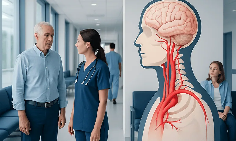 Doctor and patient discussing in hospital corridor with brain and carotid artery diagram.