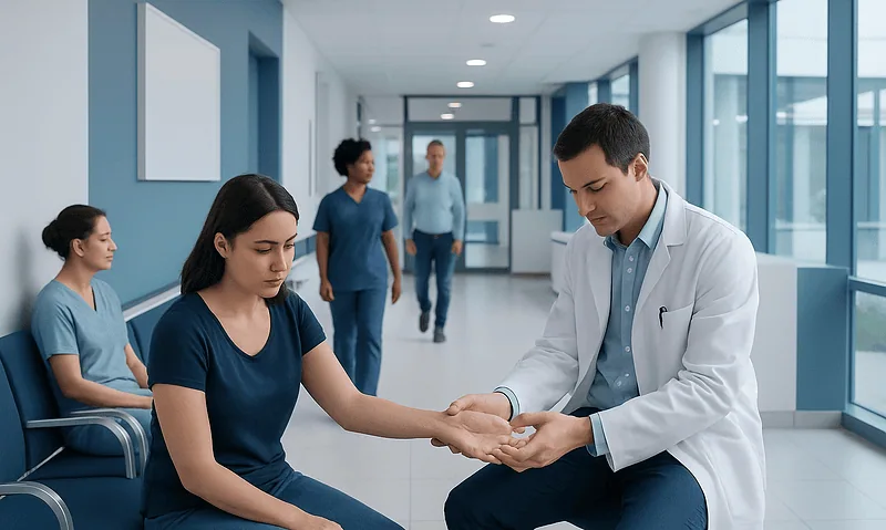 Doctor examining a patient's wrist in a hospital corridor.