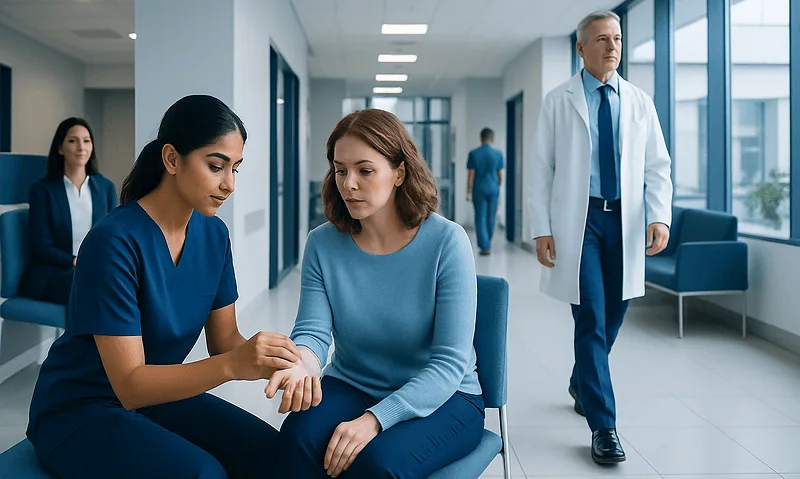 Medical professional examines patient in hospital corridor.