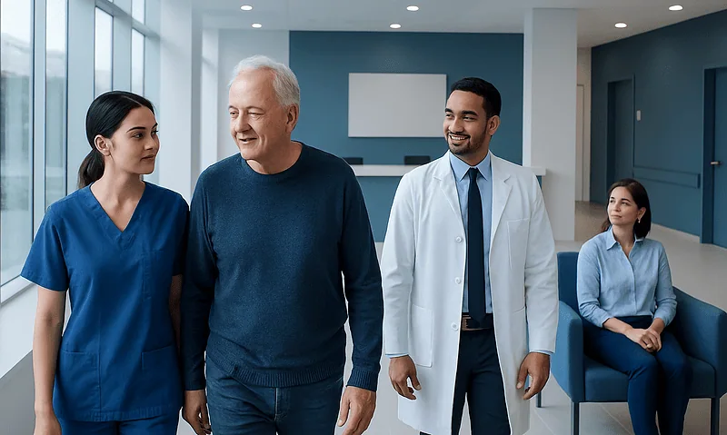 Patients and doctors in a hospital corridor at Acibadem Hospitals Group.