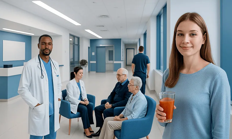 Young woman holding a glass of carrot juice in a hospital corridor.