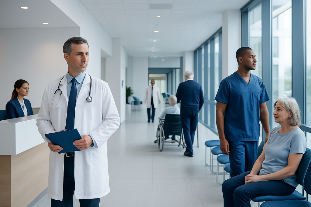Carvedilol Drugs: An Evidence-Based Guide for Patients 1 Healthcare professionals and patients in a modern hospital corridor.