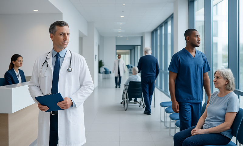 Healthcare professionals and patients in a modern hospital corridor.