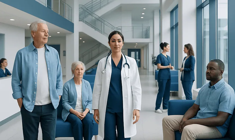 Healthcare professionals and patients in a modern hospital lobby.
