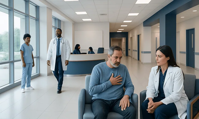Doctor consulting with patient in hospital corridor at Acibadem Hospitals Group.