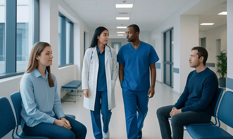 Casein: What Patients Need to Know 4 Medical consultation with healthcare professionals and patient in hospital corridor.