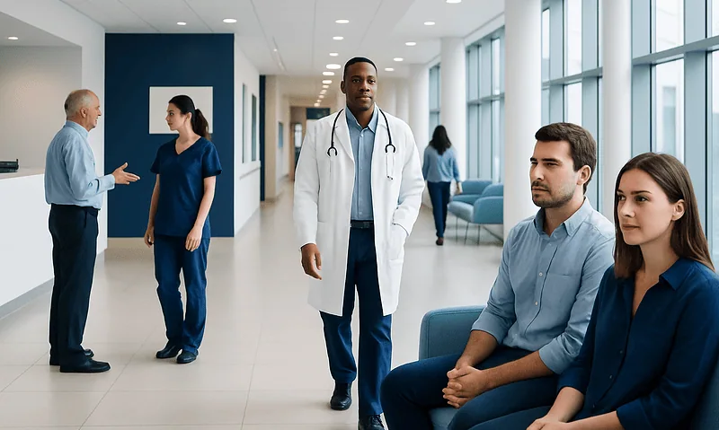 Medical professionals and patients in a modern hospital corridor.