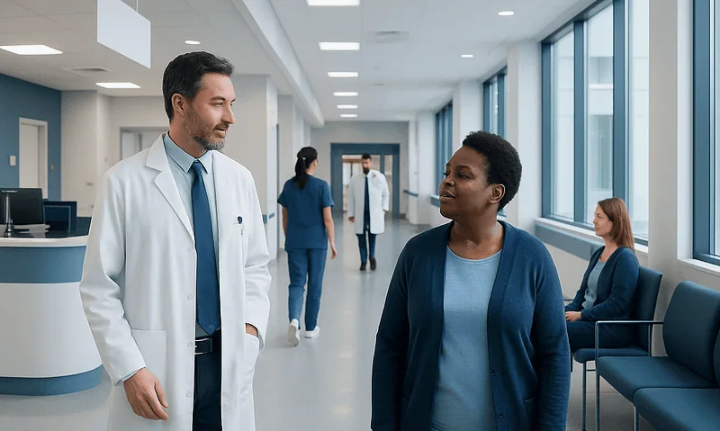 Cassava: An Evidence-Based Guide for Patients 16 Doctor and patient conversing in a modern hospital corridor.