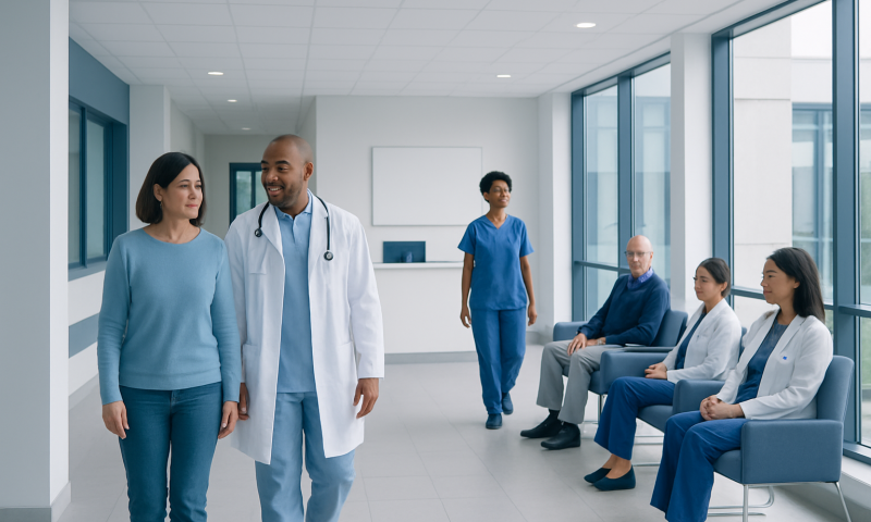 Healthcare professionals and patients in a modern hospital corridor.