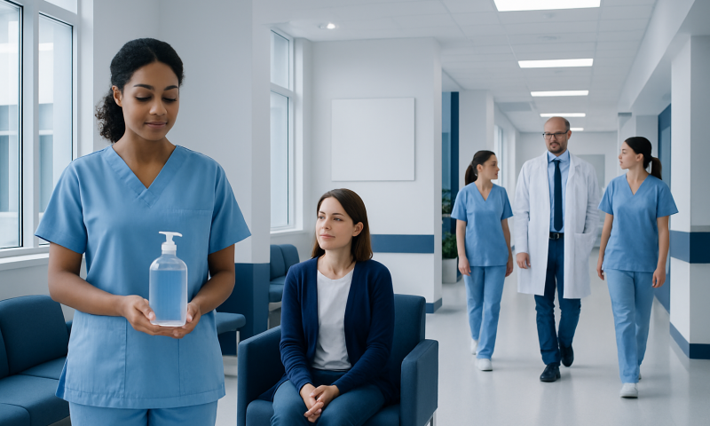 Healthcare professionals in a hospital corridor with a nurse holding hand sanitizer.