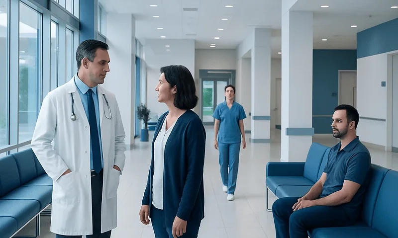 Medical team discussing patient care in hospital corridor.