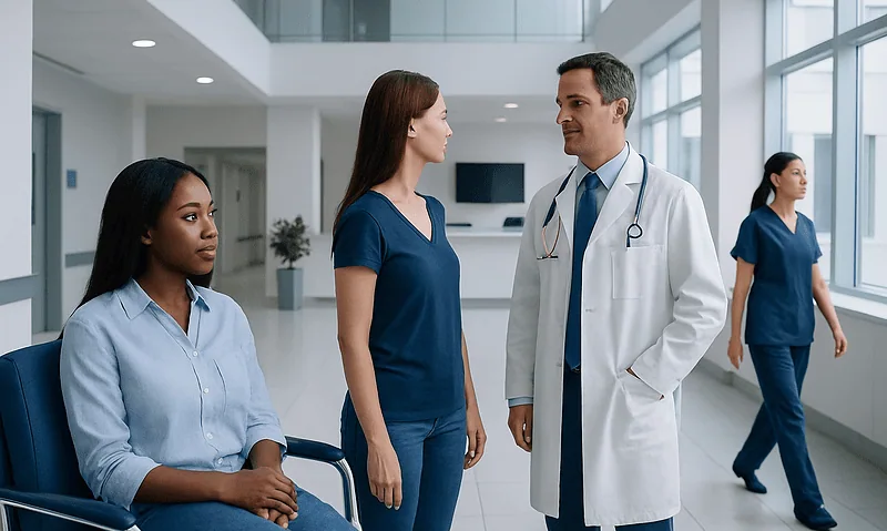 Medical team consulting in a modern hospital corridor.