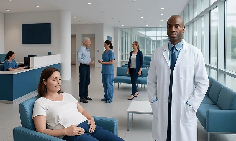 Medical consultation in a modern hospital waiting area with doctor and patients.