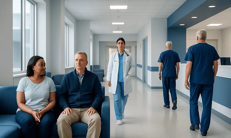 Patients waiting in a hospital corridor with medical staff nearby.