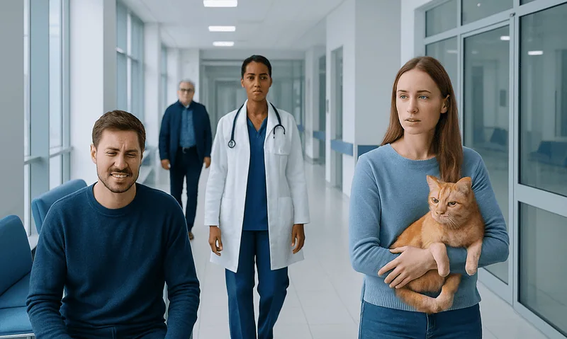 Cat Allergies: An Evidence-Based Guide for Patients 4 People in a hospital corridor with a veterinarian and a woman holding a cat.