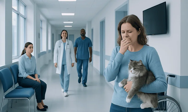 Woman with cat showing allergy symptoms in a hospital corridor.
