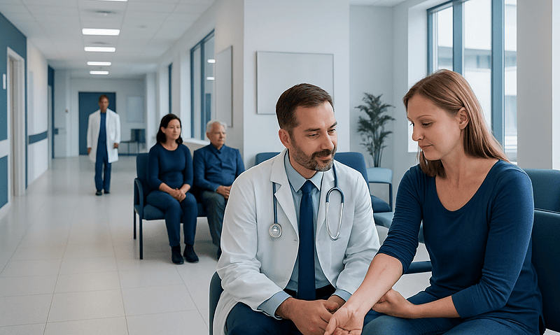 Doctor examining patient's arm in a modern hospital corridor.