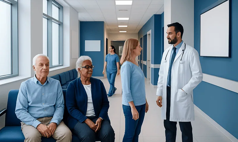 Doctor consulting elderly patients in hospital corridor.