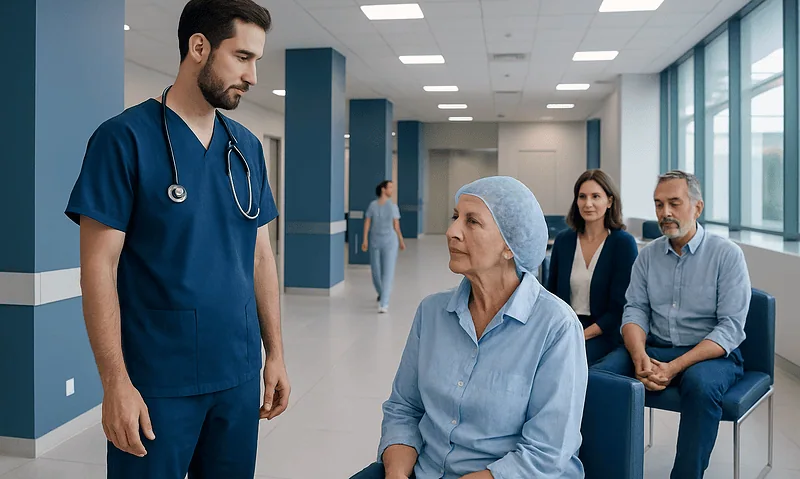 Healthcare professional consulting elderly patient in hospital corridor.
