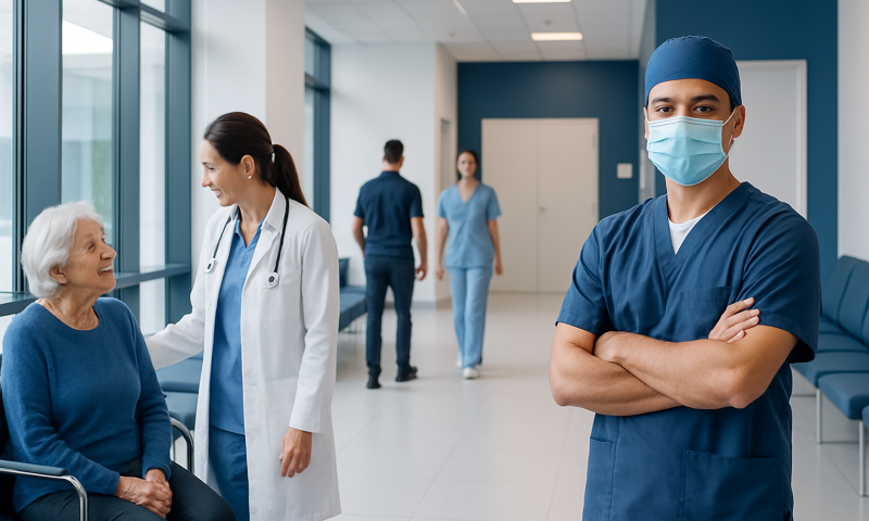 Healthcare professionals caring for a senior patient in a hospital corridor.