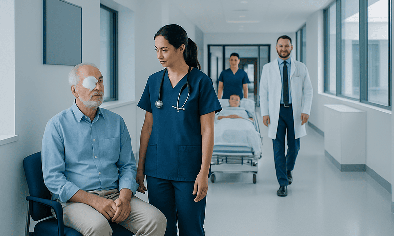 Patient with eye patch in hospital corridor with medical staff and doctor.
