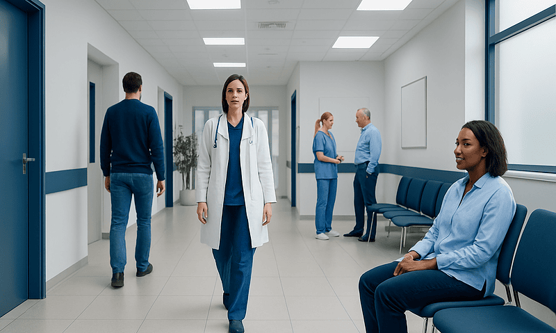 Healthcare professionals and patients in a hospital corridor.