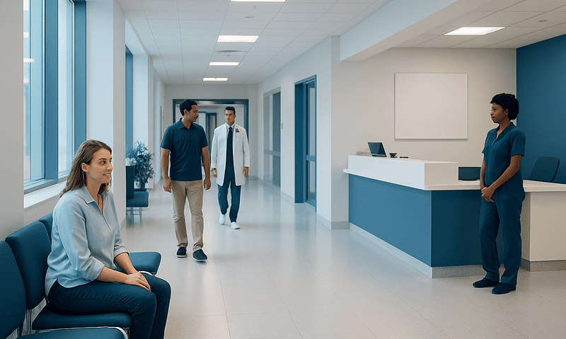 Hospital corridor with patients and staff at Acibadem Hospitals Group.