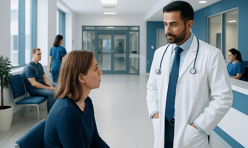 Doctor consulting female patient in hospital corridor.