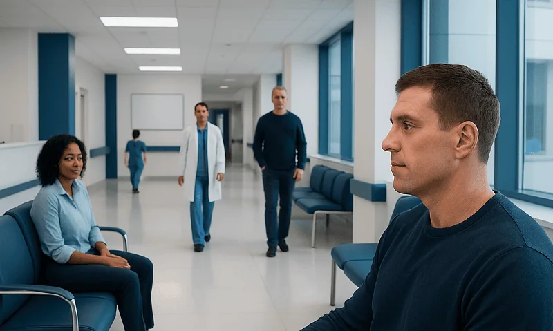 Patient waiting in hospital corridor with medical staff nearby.