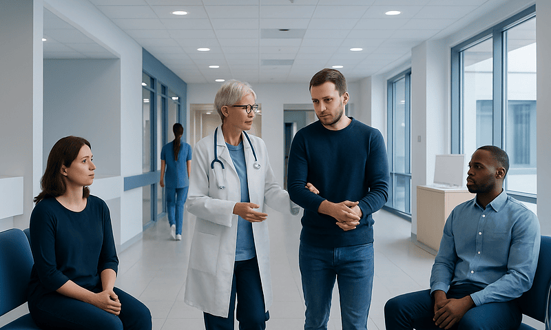 Doctor consulting with patients in a hospital corridor.