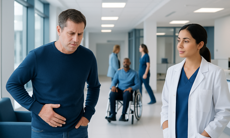 Patient with abdominal pain consulting with a doctor in hospital corridor.
