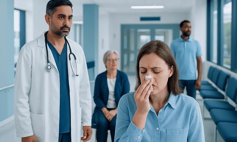 Nose Bleed Causes: A Complete Medical Overview 5 Woman with nosebleed in hospital, medical staff nearby, patient in background.