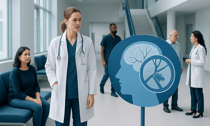 Medical professionals discussing stroke risk factors in hospital corridor.