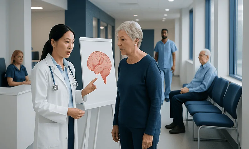 Doctor explaining stroke risk factors to an elderly woman in hospital.