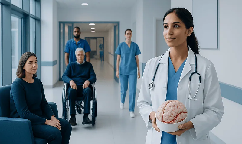 Medical team and patient in hospital corridor, healthcare professionals with brain model.