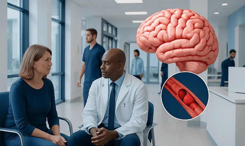Doctor explaining stroke risks to a patient in a hospital corridor.