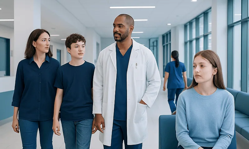 Doctor talking to children in a hospital corridor.