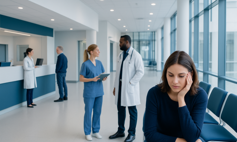What Causes Anxiety? A Doctor-Reviewed Answer 16 Patient feeling anxious in hospital waiting area with medical staff nearby.